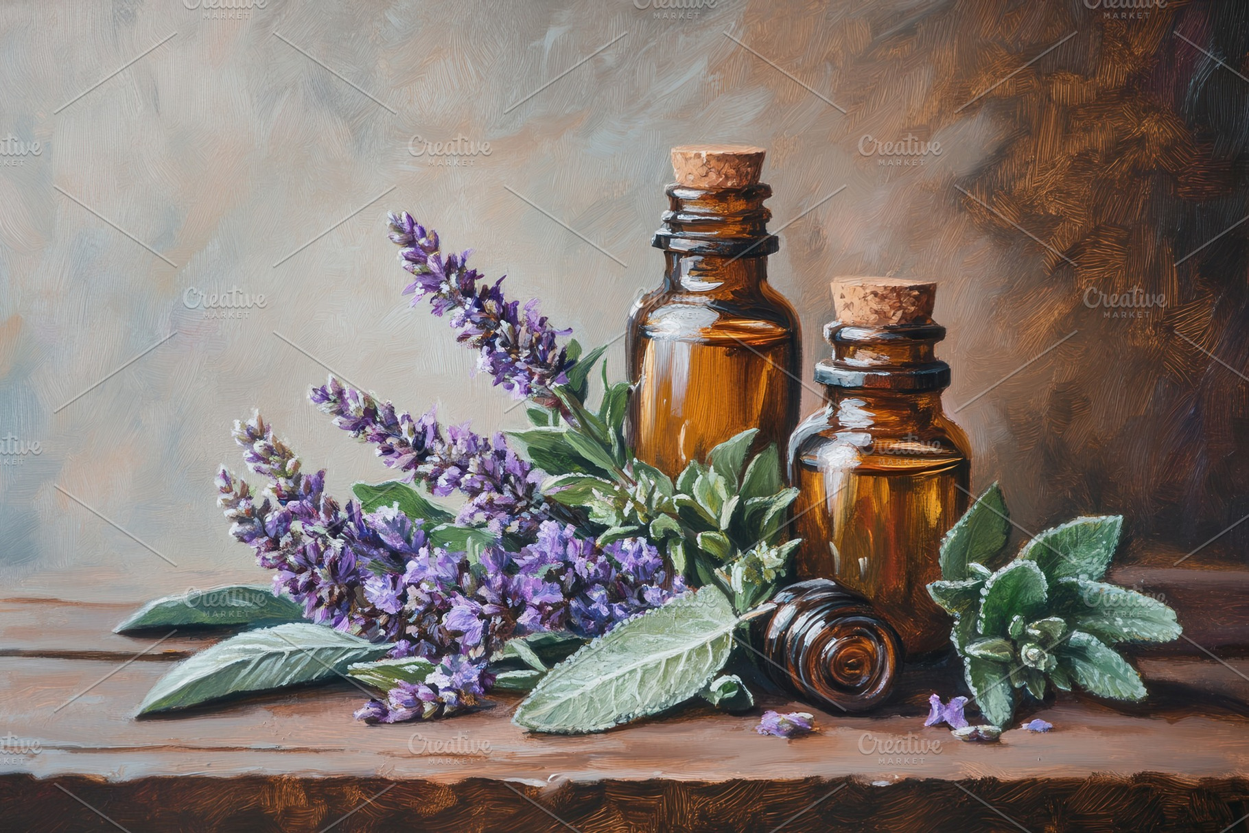 Essential oils, sage & purple flower, a Photo by Pavel_design