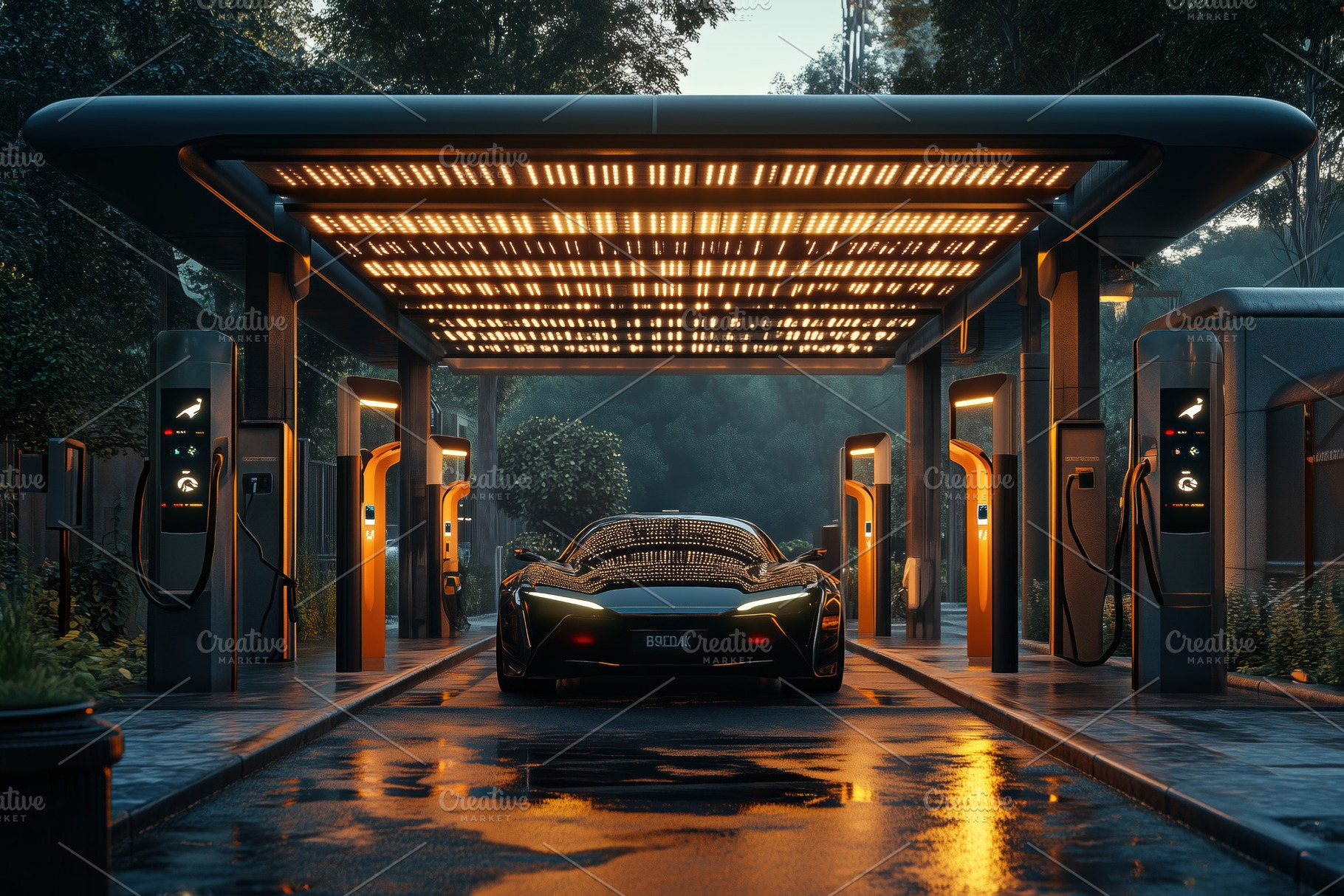 A sleek, futuristic electric car parked at a modern charging station under a ca, a Technology Photo by Textures & Backgrounds