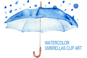 Watercolor Blue Umbrellas.