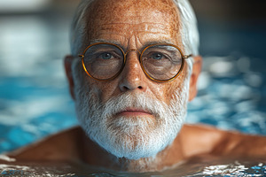 Elderly man with glasses enjoys tran, a Photo by Tanuart