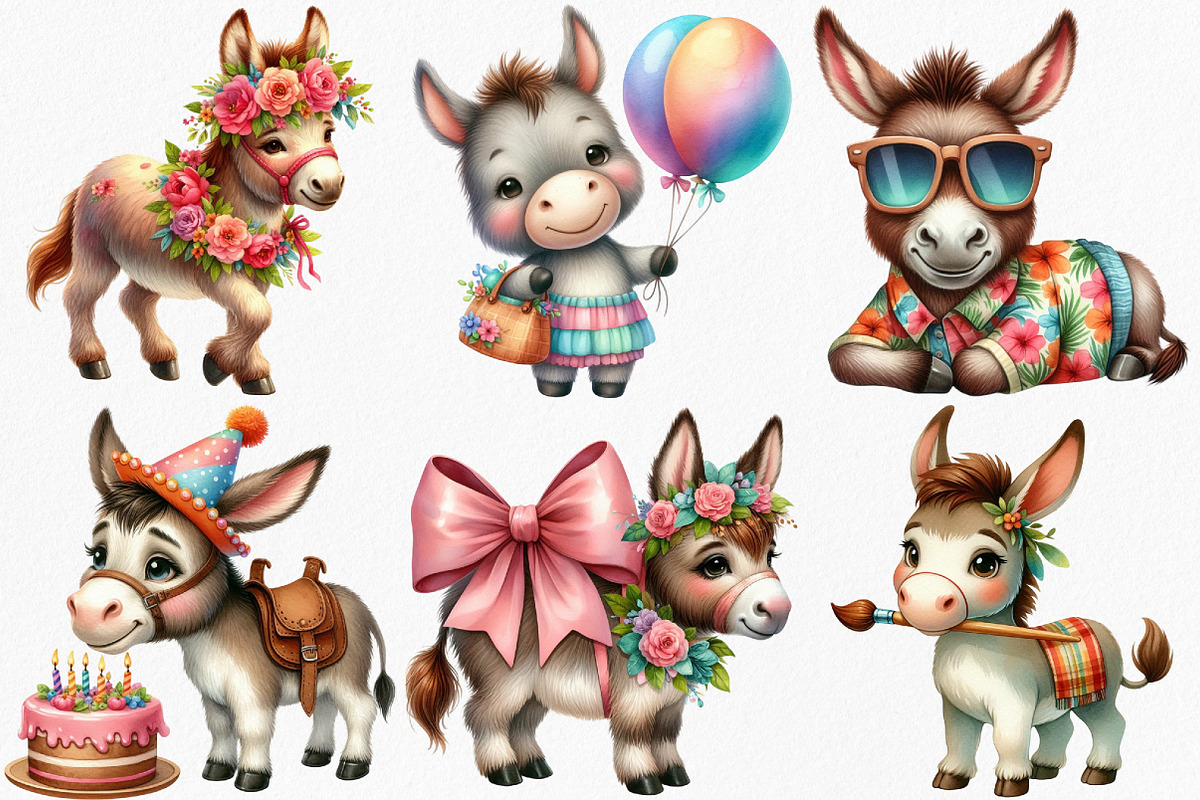 Watercolor Funny Donkey Clipart, an Illustration by Canvas Craft (Photo 2 of 7)