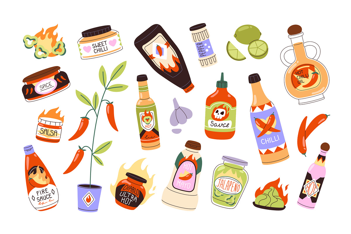 Spicy sauces set + seamless patterns, a Food Illustration by PaperTrident (Photo 1 of 4)