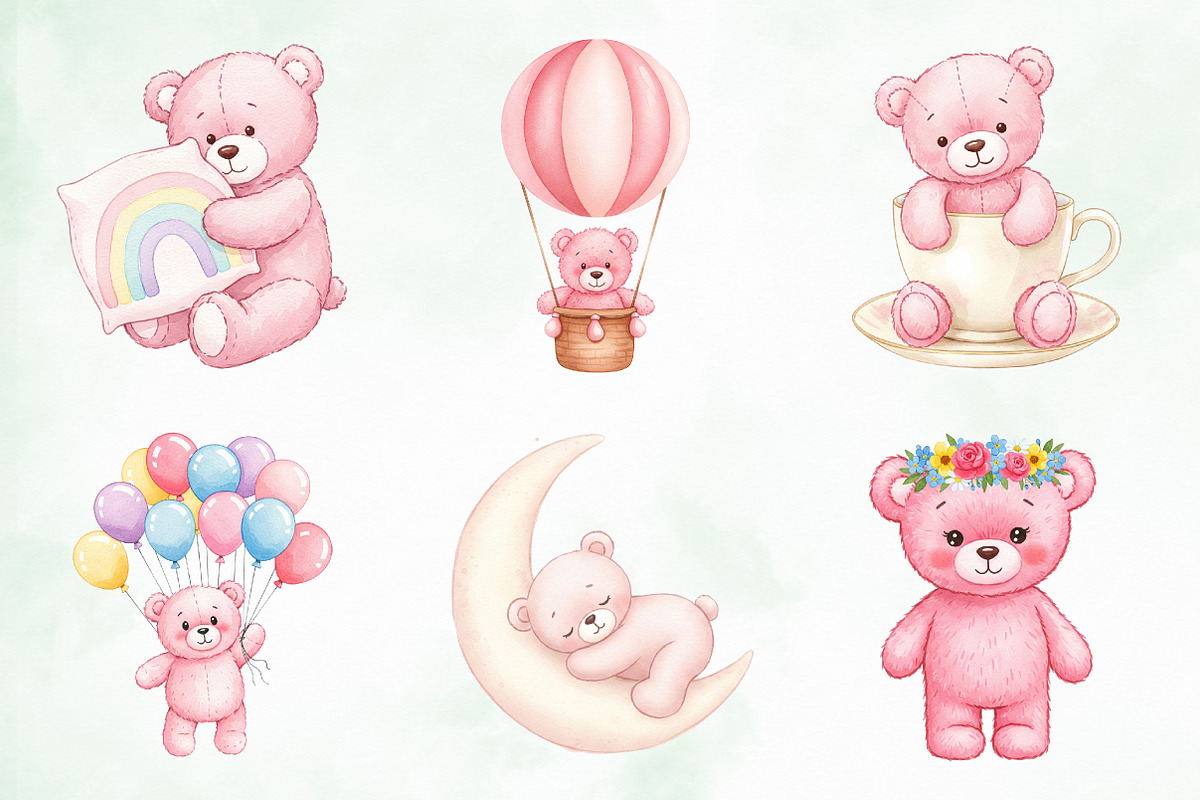 Watercolor Pink Cute Blush Teddy Png, an Illustration by Creative Art (Photo 4 of 10)