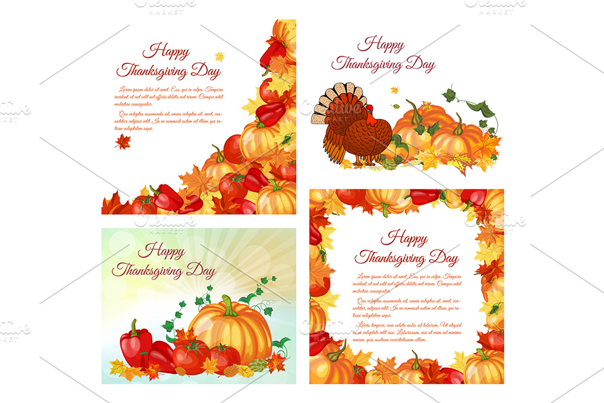 4 Thanksgiving Day Greeting Cards, a Seasonal Illustration by Pavel Vectors