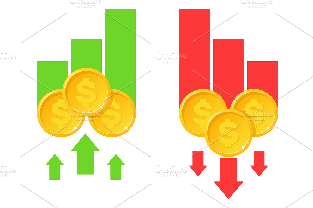 Gold coins with arrows and graphs, a Finance Illustration by Vectorbuum