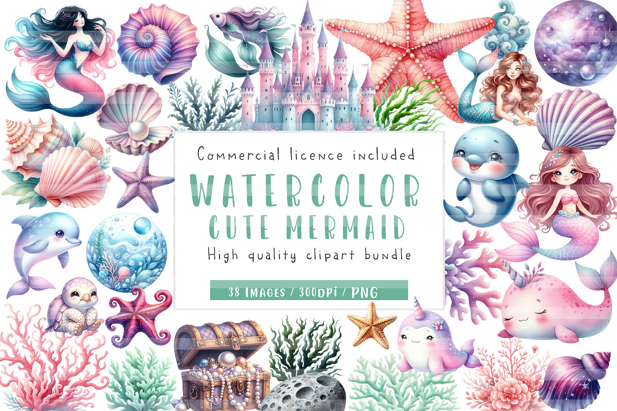 Cute mermaid watercolor clipart, an Illustration by CreationArt (Photo 1 of 7)