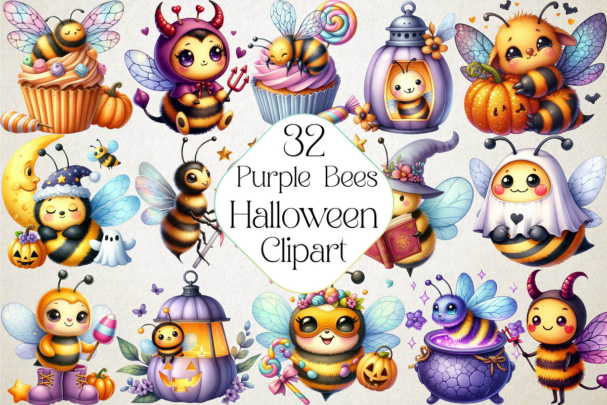 Watercolor Soft Purple Halloween Bee, an Illustration by DreamPrint404 (Photo 1 of 5)