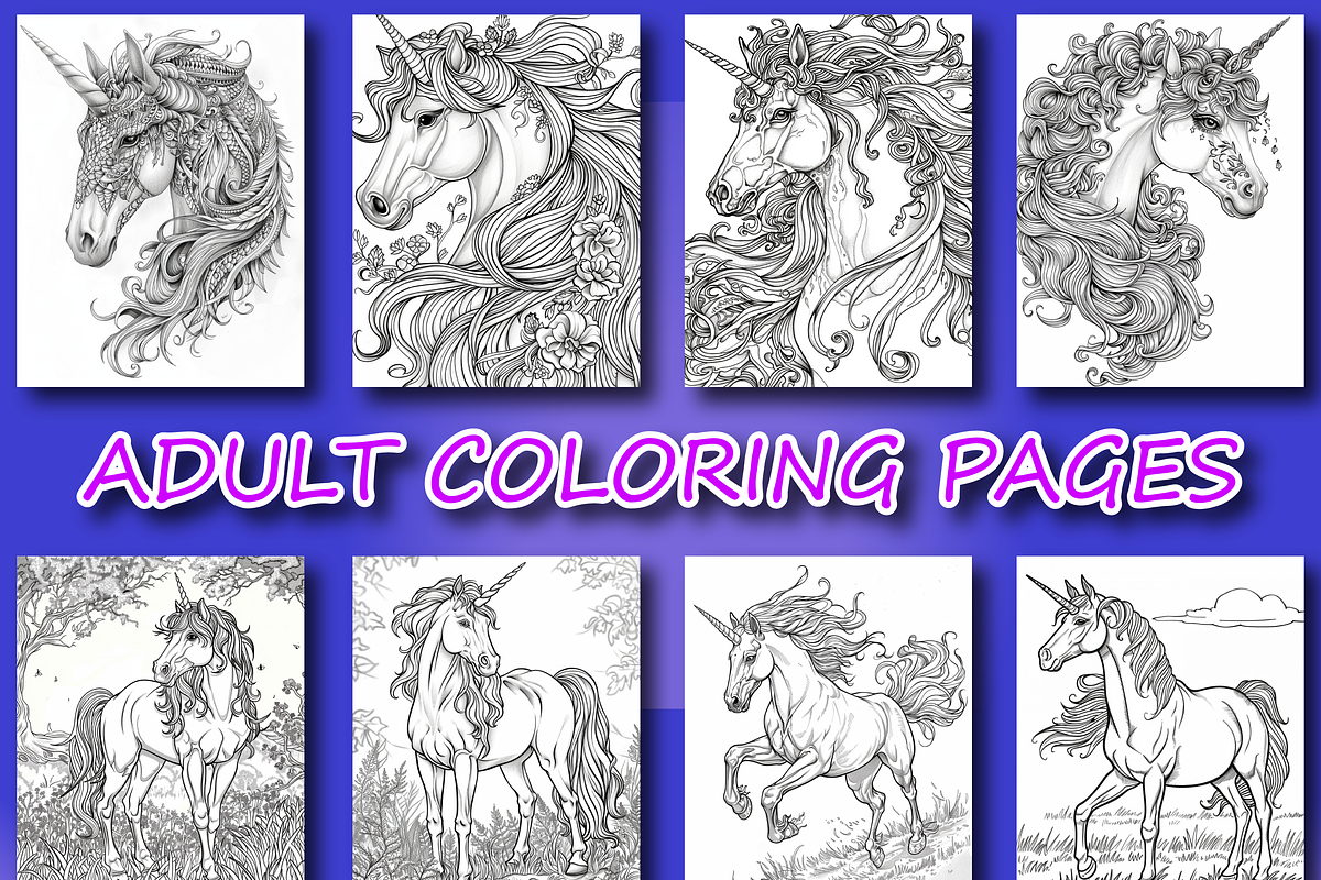 Unicorn Coloring Pages for Adults, an Education Illustration by Design Zone