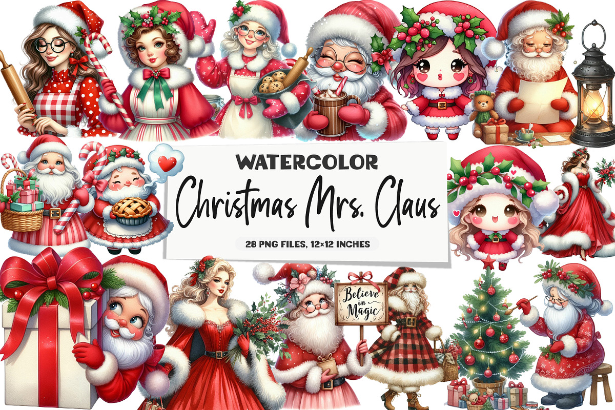 Watercolor Christmas Mrs. Claus Bund, an Illustration by DreamArtGraphic (Photo 1 of 5)