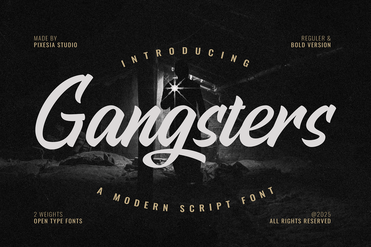 Gangsters – Bold Script Font, a Script Font by Pixesia Studio (Photo 1 of 13)