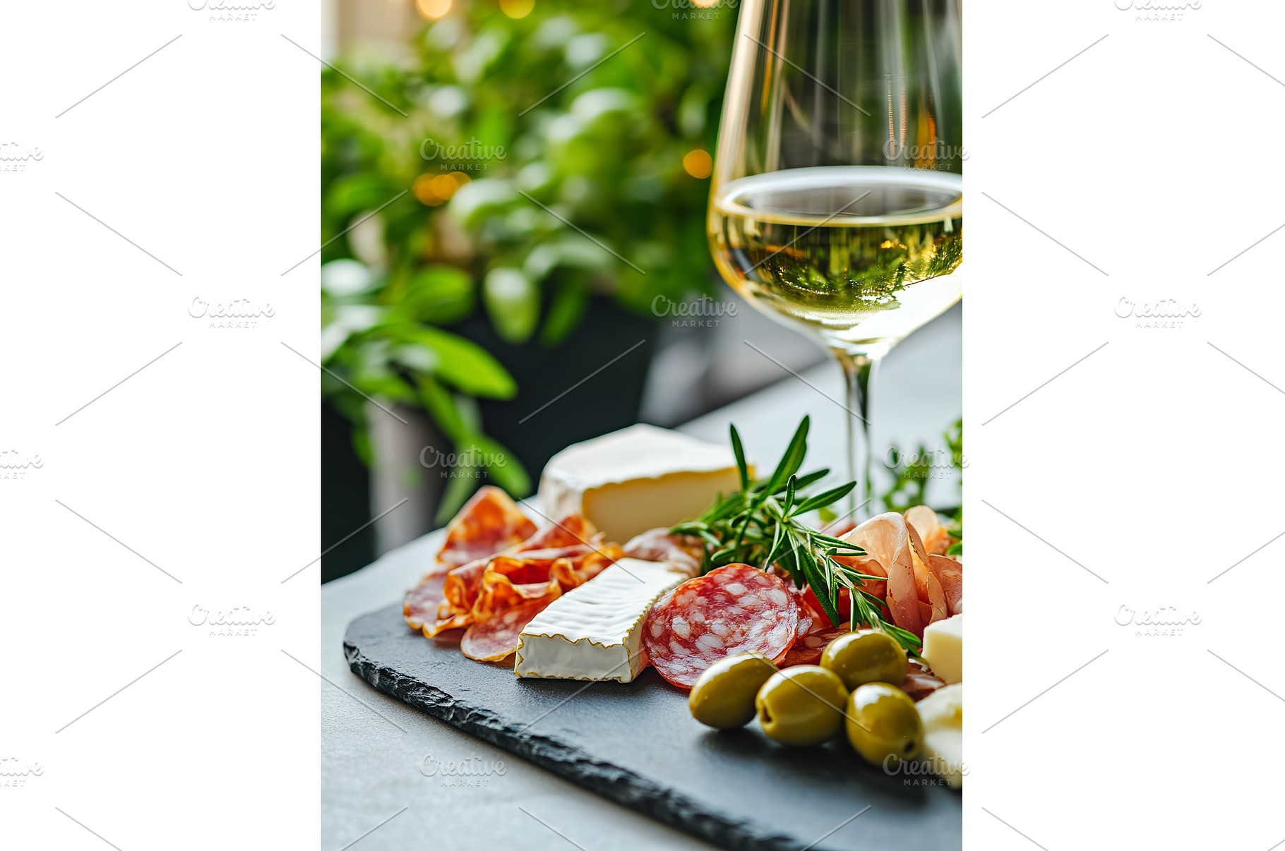 Elegant charcuterie board with wine, a Food & Drink Photo by Lermont51