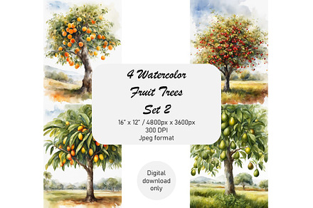 Watercolor Trees, Fruit Trees, Set 2