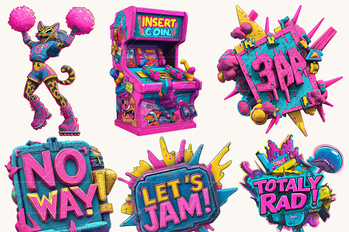 80s Neon Cartoon Clipart Bundle, an Object Illustration by BusyDaydesign (Photo 2 of 9)