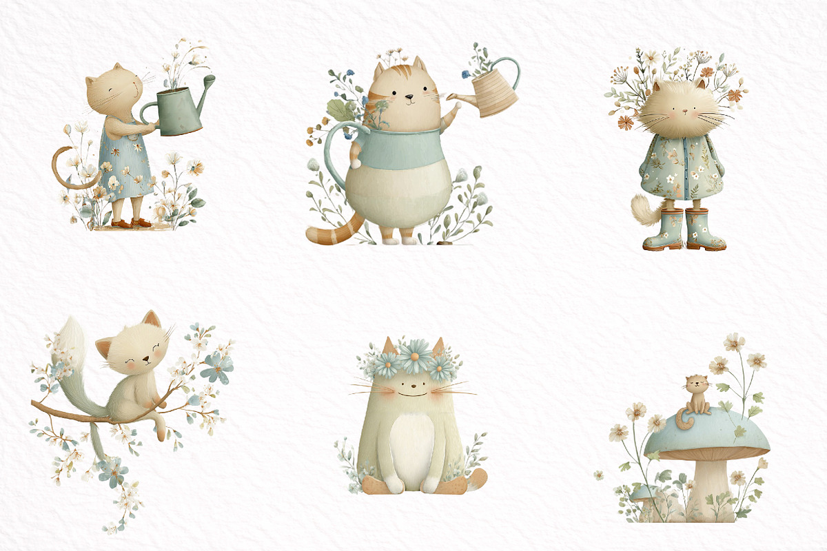Whimsical Funny Spring Cats Clipart, an Illustration by DreamArtGraphic (Photo 4 of 8)