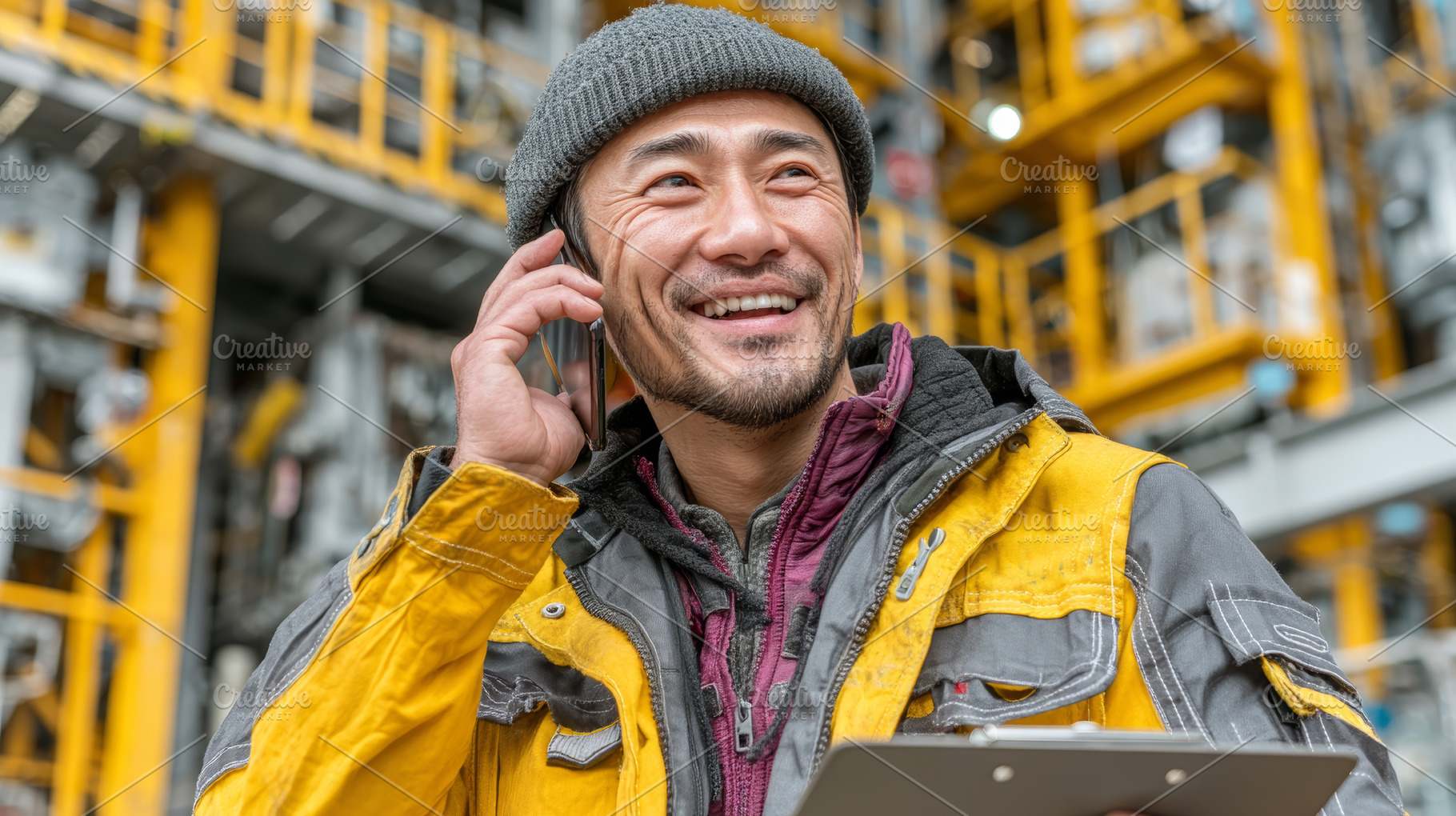 Smiling  asian engineer working at industrial site with clipboard and communica, an Industrial Photo by AS photostudio
