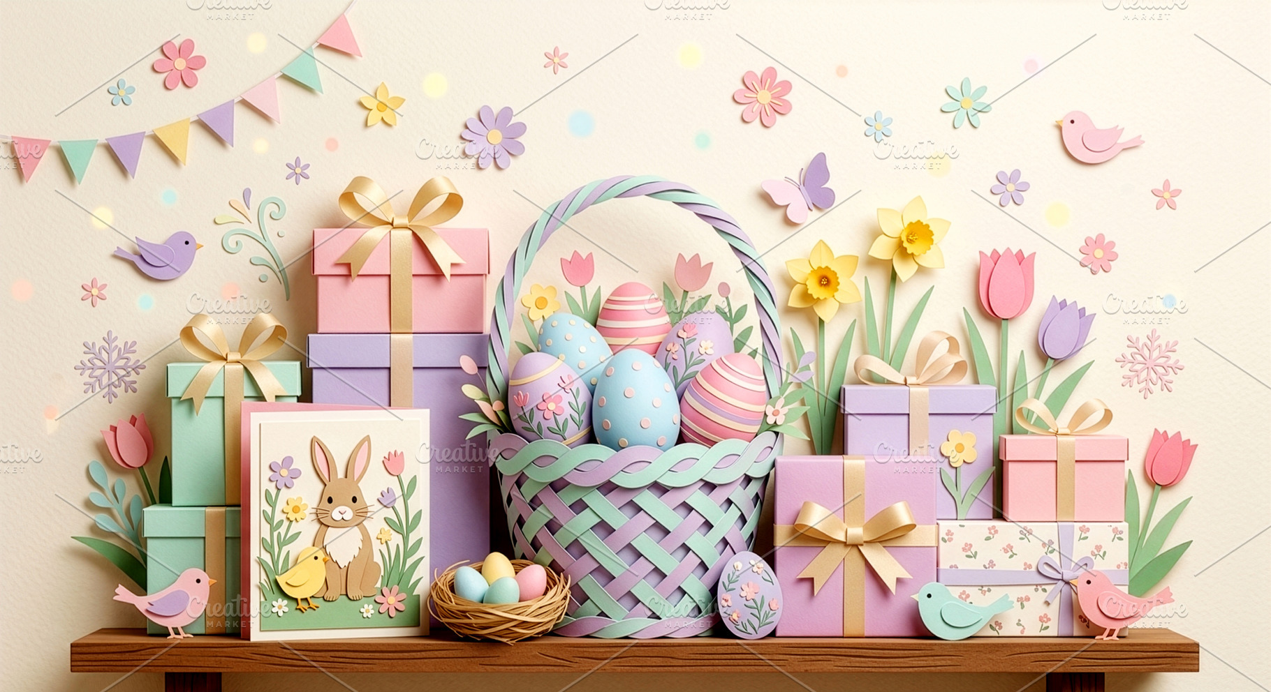 Easter celebration scene with paper, a Holiday Photo by Imaginarium