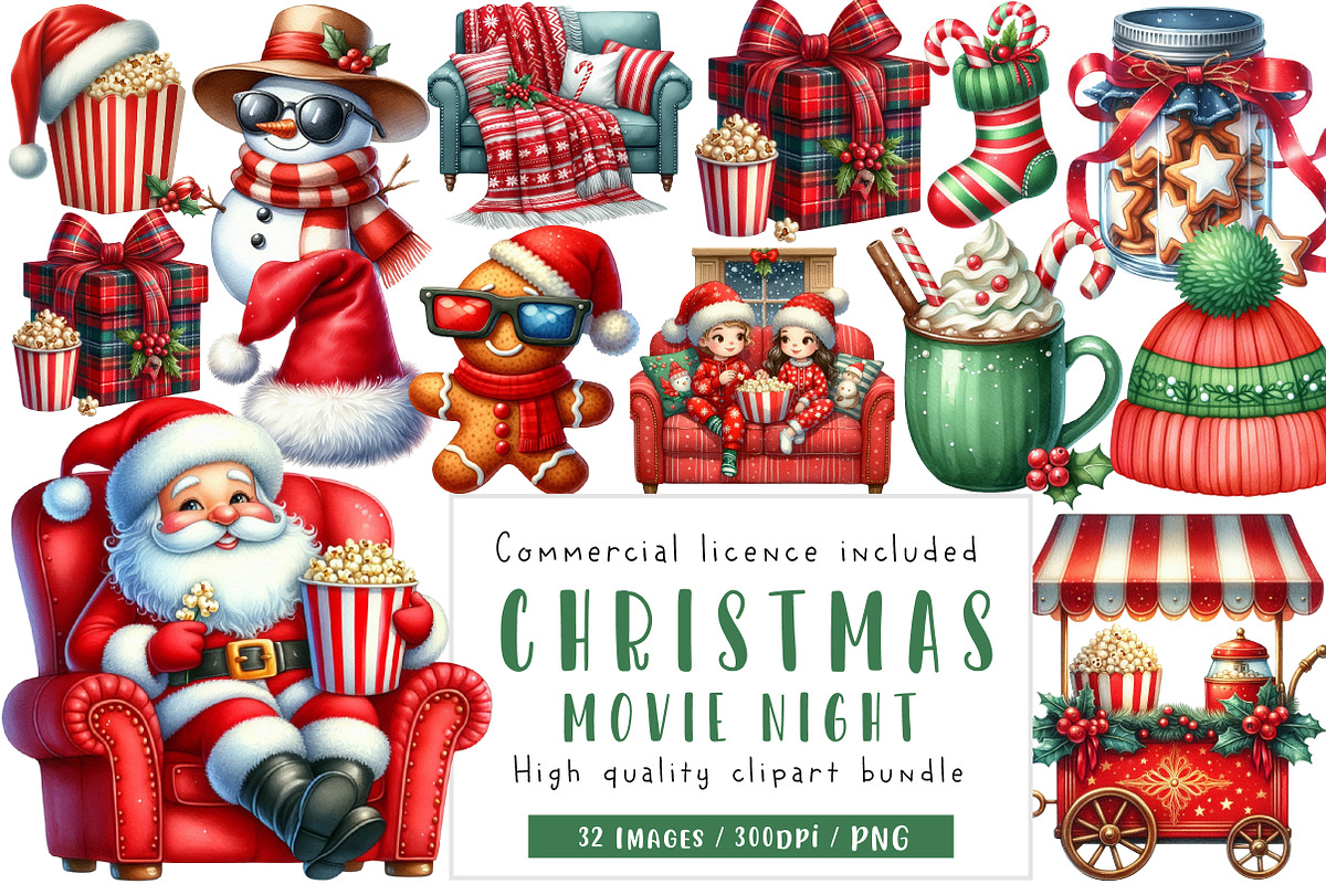 Christmas Movie Night Clipart, an Illustration by CreationArt (Photo 1 of 5)