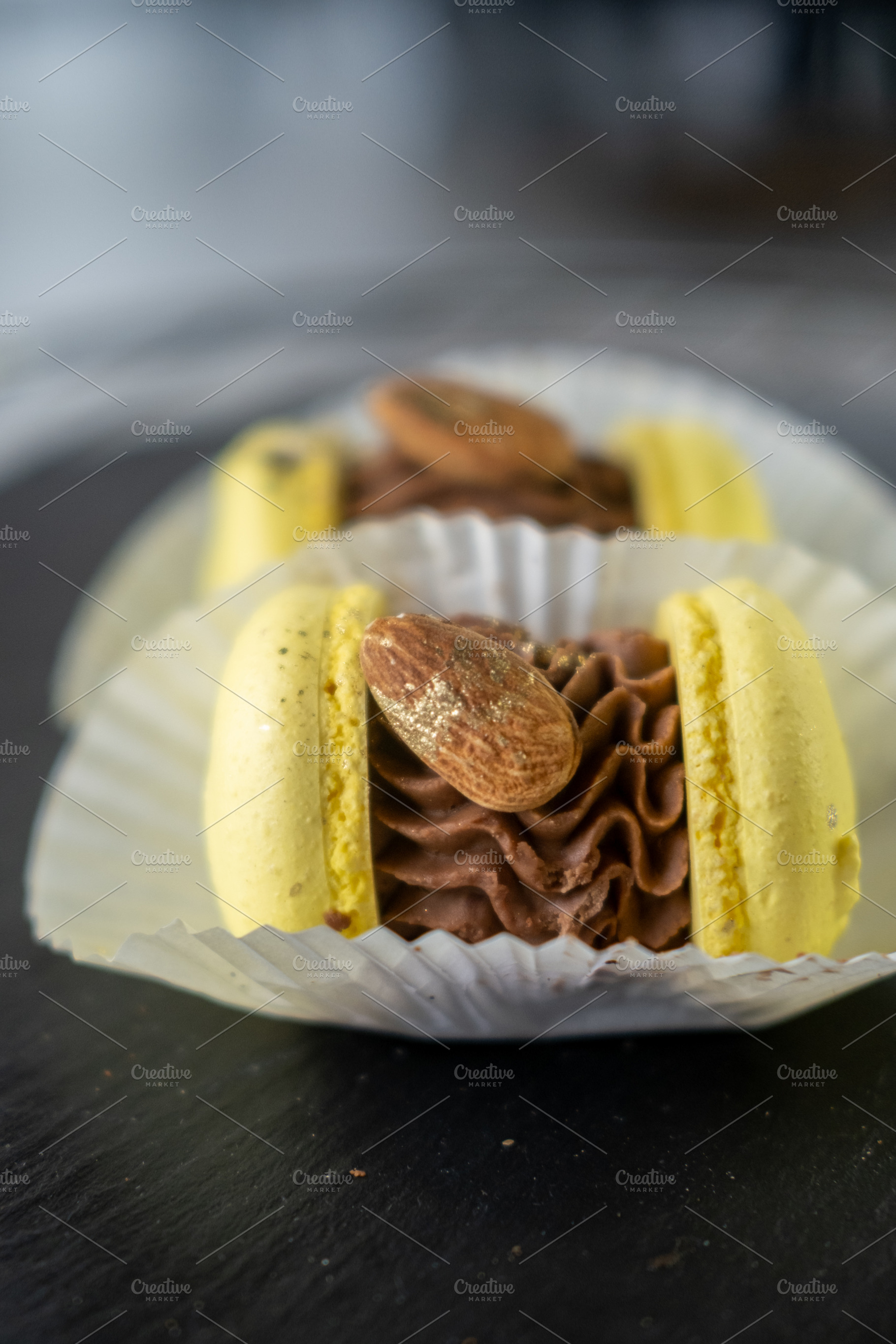 Macaron shells chocolate ganache dessert cookie, a Food & Drink Photo by Photo Drive Studio