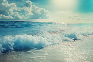 A serene ocean view with gentle waves lapping against a sandy shore under a bri, a Photo by Textures & Backgrounds
