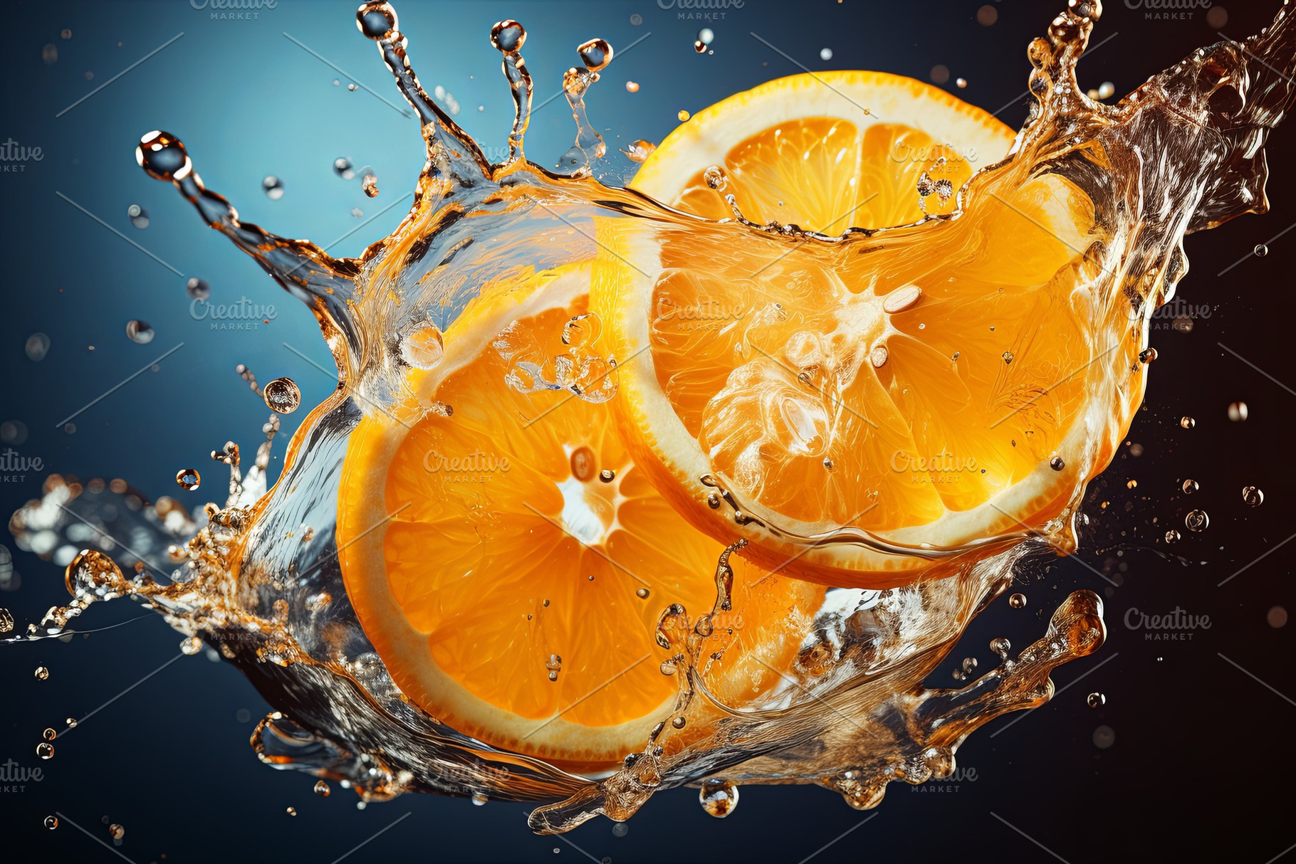 Fresh fruit floating orange juice or, a Food & Drink Photo by Pixeness