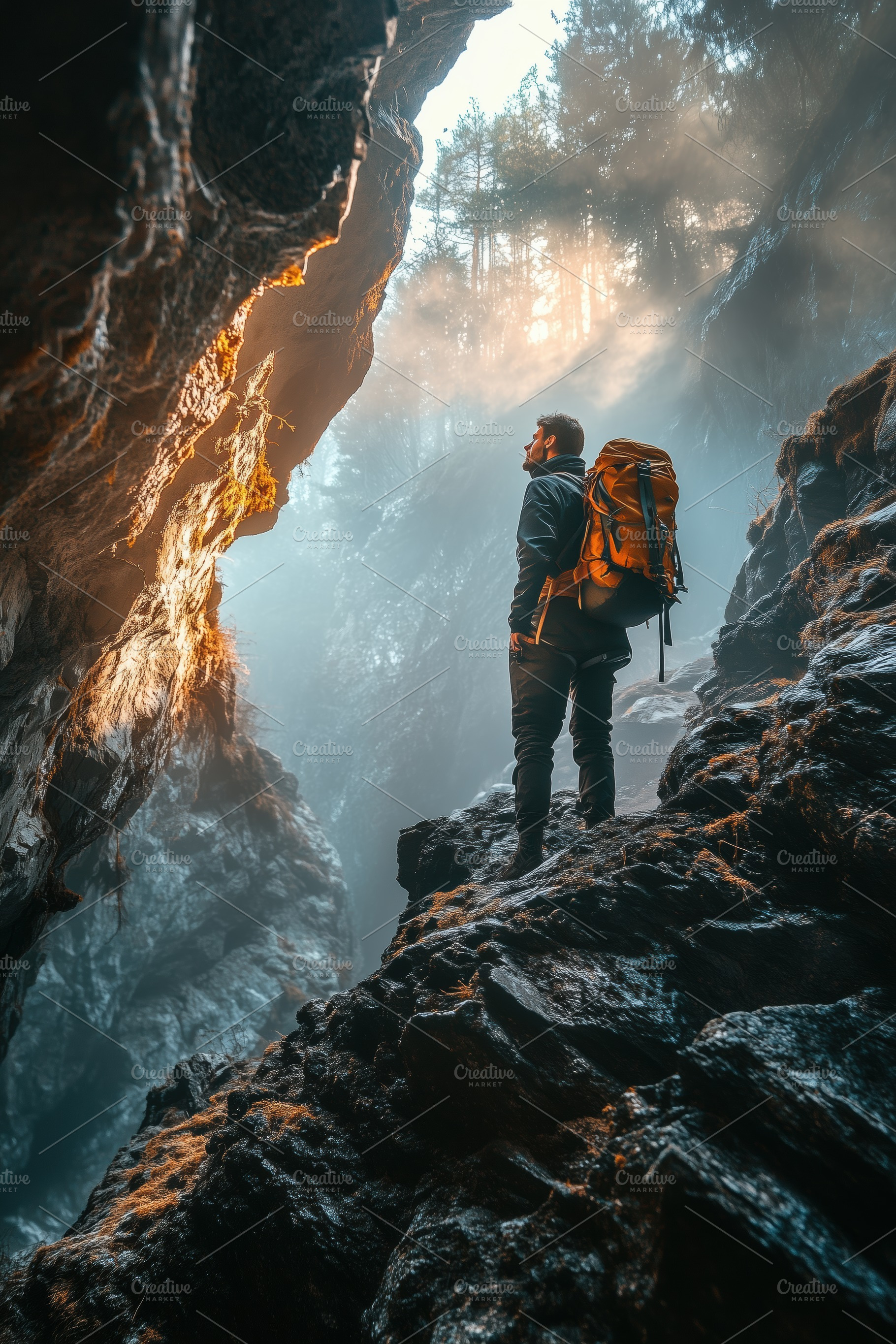 A hiker stands on rocky terrain, gazing up at a glowing cliff in a misty canyon, a Person Photo by Textures & Backgrounds
