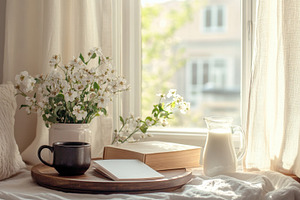 Cozy morning coffee by window, a Photo by Beautiful things