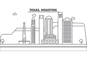 Texas, Houston Architecture Line Skyline Illustration. Linear Vector Cityscape With Famous Landmarks, City Sights, Design Icons. Landscape Wtih Editab