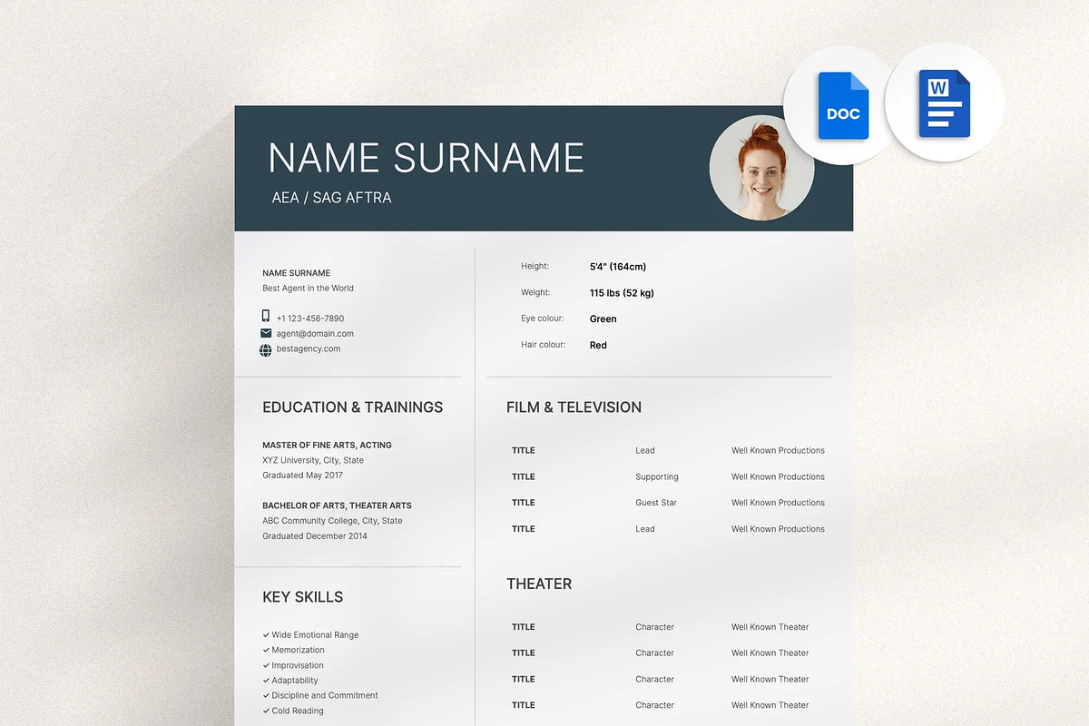 Actor Resume Template with Headshot, a Resume Template by OkiDocs Resume Templates (Photo 1 of 11)