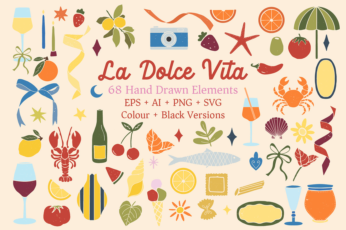 Italian Summer Retro Linocut Clipart, a Decorative Illustration by Ginny and Sam (Photo 1 of 12)