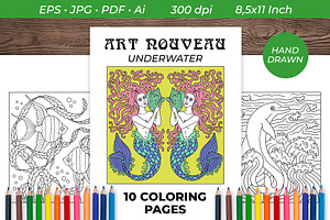 Art Nouveau Sea Coloring Book Pages, a Print Template by Rose Design