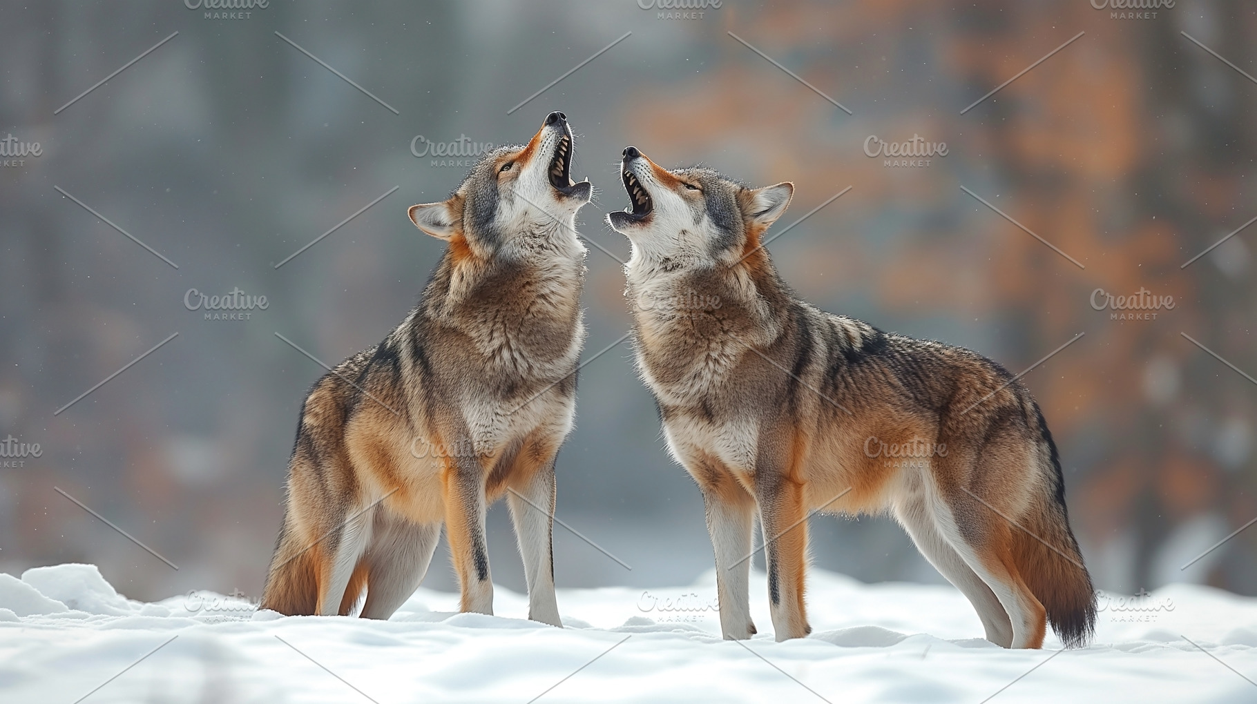 Two majestic wolves howling together in a serene snow-covered forest, showcasin, an Animal Photo by ImageMir