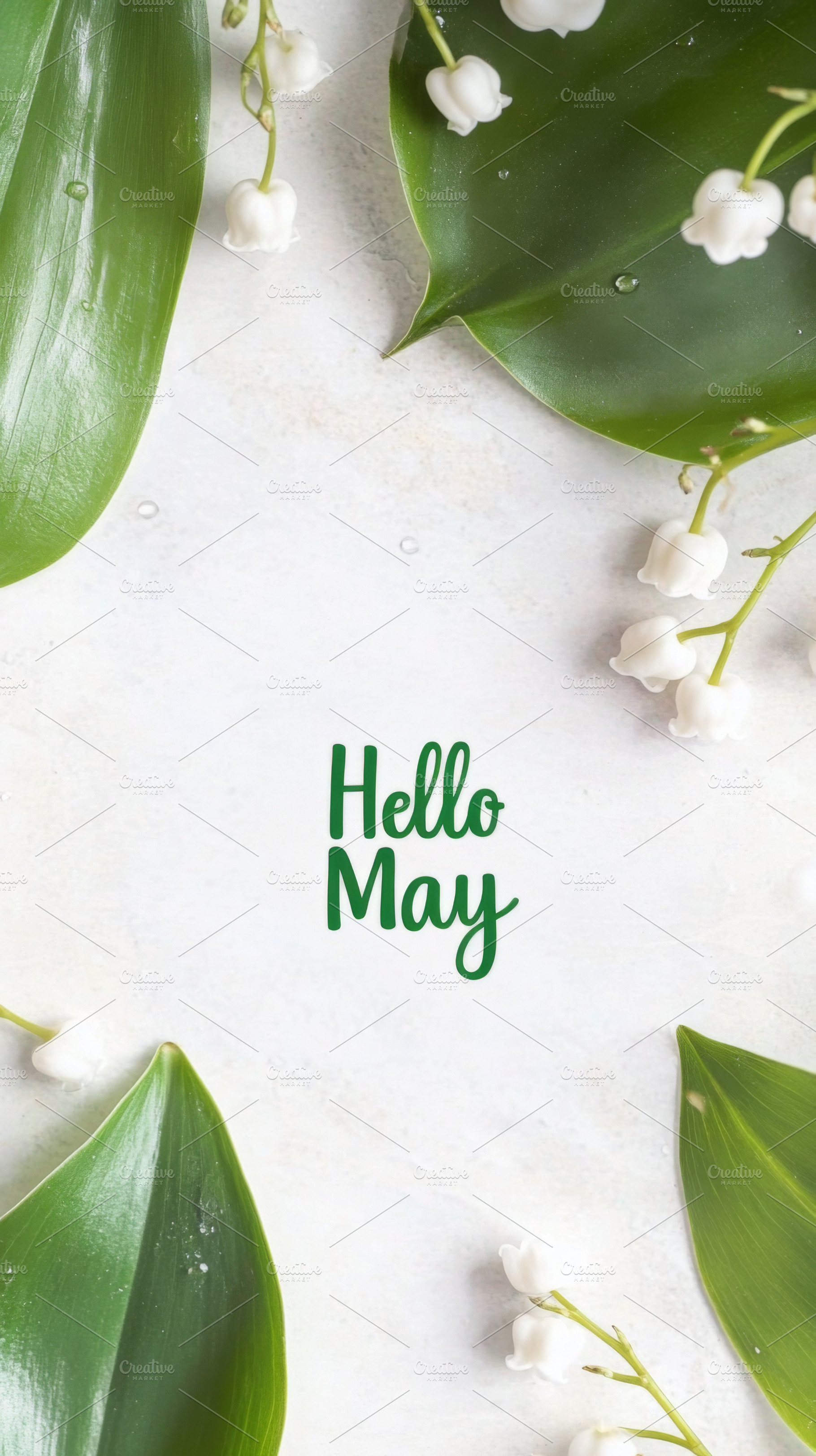 Lily of the valley with text Hello May on light color background, a Photo by Dvoevnore photos