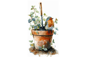 Robin on Flowerpot with Small Spade, an Illustration by tilialucida