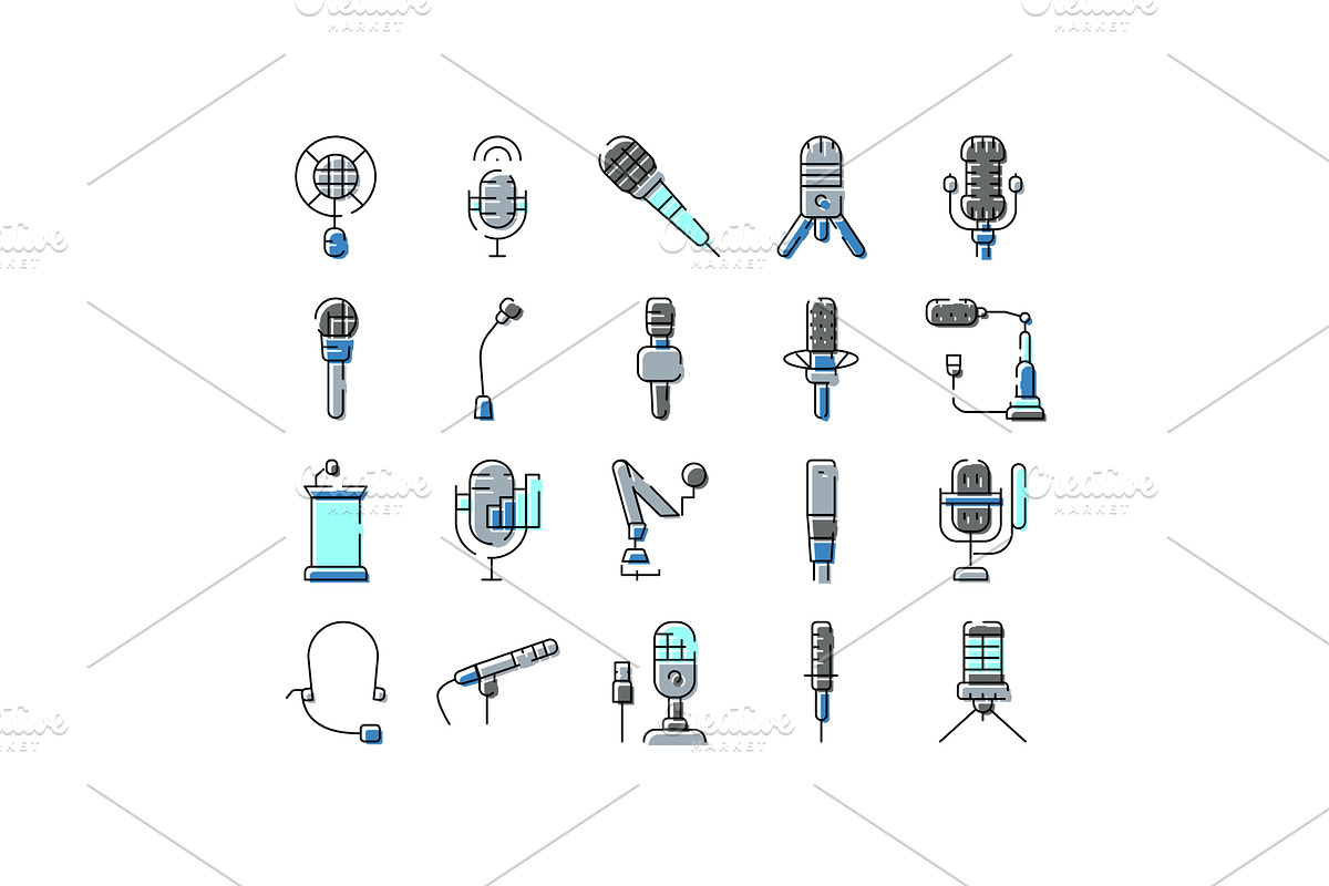 Set diverse microphones for audio, a Technology Illustration by pikepicture