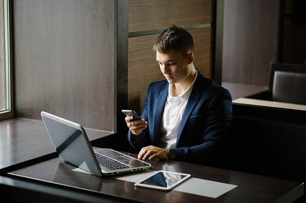 Businessman in cafe featuring cafe, break, and notebook, a Business Photo by Booblgum