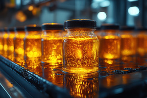 Golden honey jars on a production li, a Photo by Tanuart