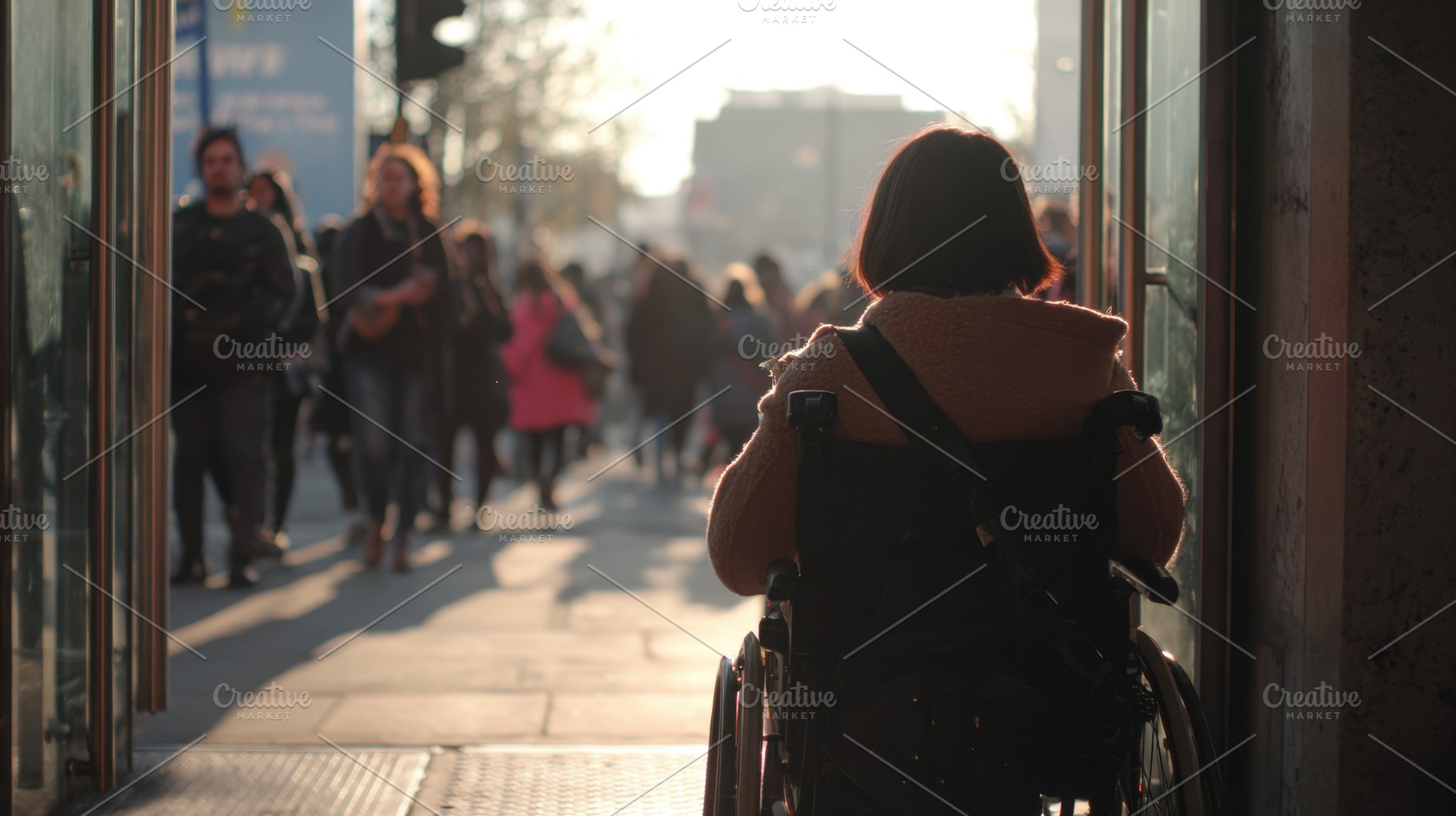 Woman in wheelchair in busy street, a Photo by Beautiful things