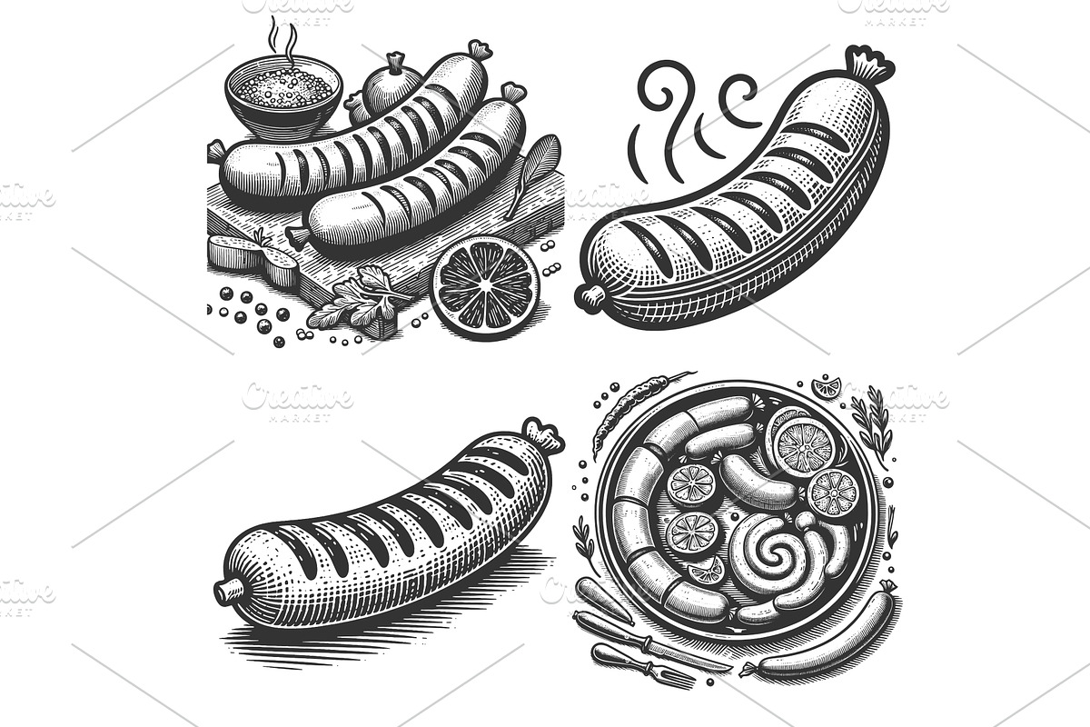 Sausage engraving set vector, a Food Illustration by AlexArt