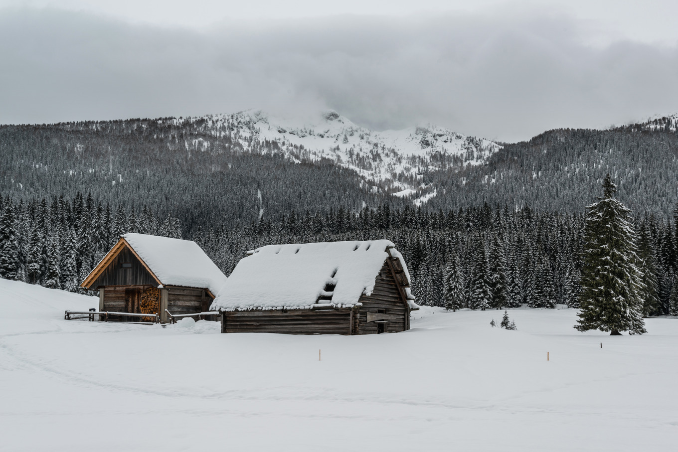 Winter village on a gloomy day featuring winter, village, and snow, a ...