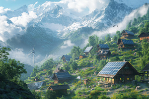 A picturesque mountain village with wooden houses, solar panels, and a wind tur, a Transportation Photo by Textures & Backgrounds