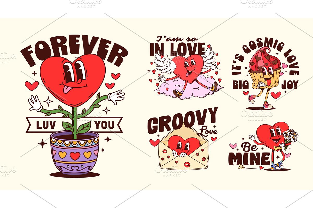 Valentine love heart groovy stickers, a Seasonal Illustration by Buch&Bee