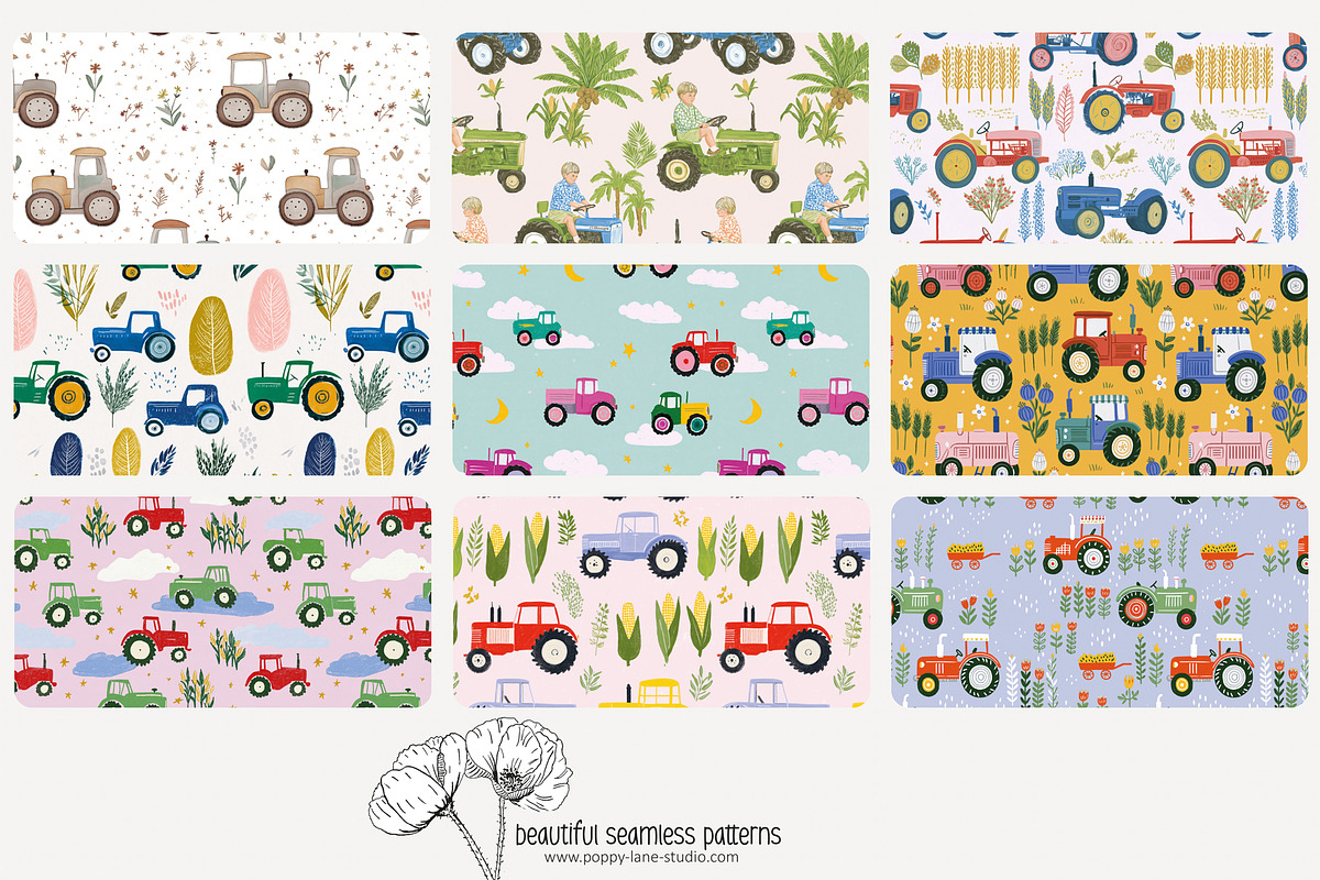 70 tractor seamless pattern, a Pattern Graphic by Poppy Lane Studio
