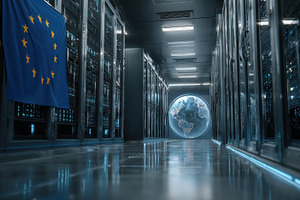 EU Flag in Modern Server Room Global, a Photo by Pixeness Studio