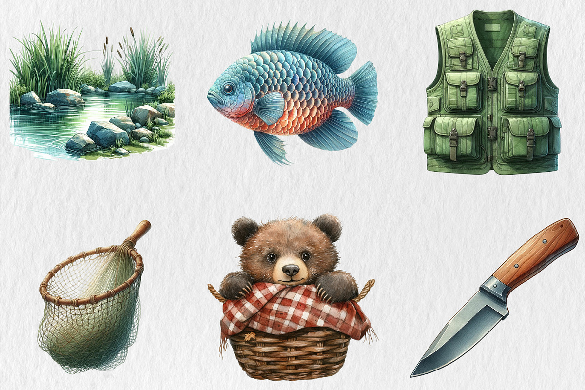 Watercolor Fishing Clipart, a Seasonal Illustration by Rose Art (Photo 3 of 4)