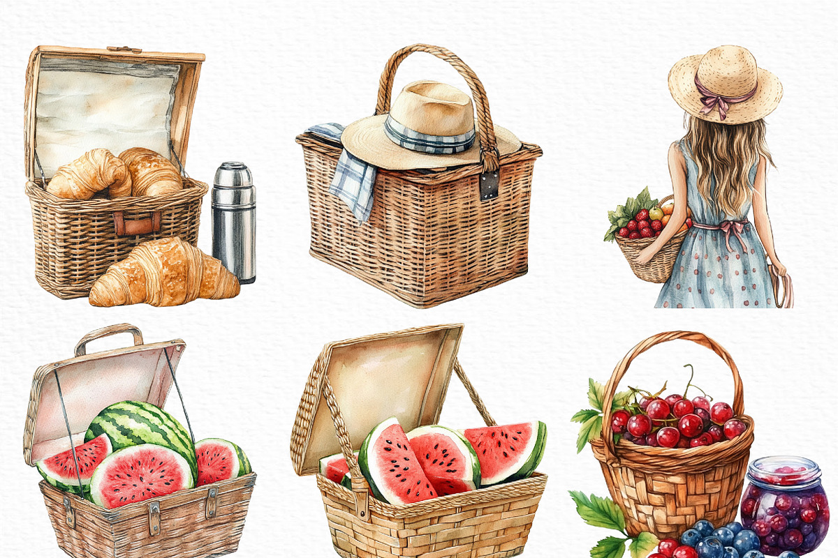 Watercolor Picnic Basket Clipart, an Illustration by Craft Nest (Photo 2 of 6)