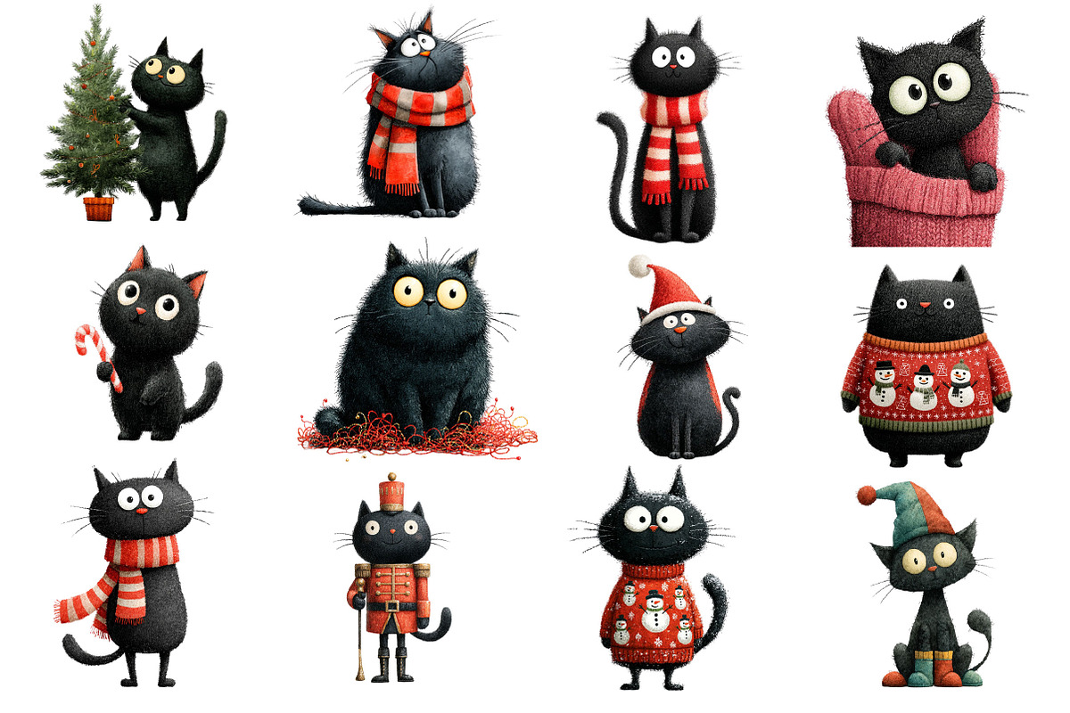 Quirky Christmas Black Cat Clipart, an Illustration by Dream Creation (Photo 2 of 6)