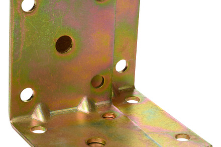 A shiny, golden colored metal corner bracket or angle brace with