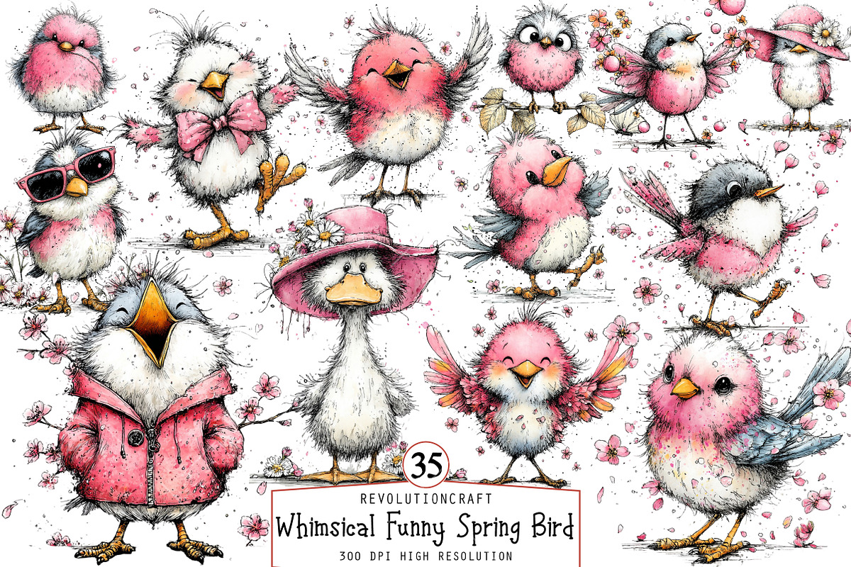 Whimsical Funny Spring Bird Clipart, an Illustration by OK Design (Photo 1 of 6)