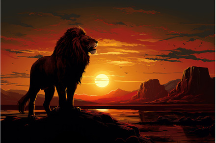 Powerful Lion standing rock sunset, an Animal Photo by Ylivdesign