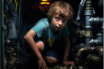 Plumber child boy pipes basement, an Industrial Photo by Ylivdesign